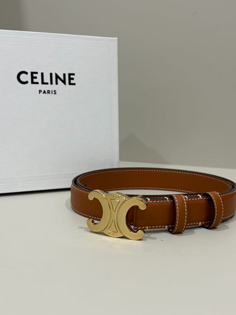 Celine Style Tan Triomphe Leather Belt with Gold Buckle Size 85